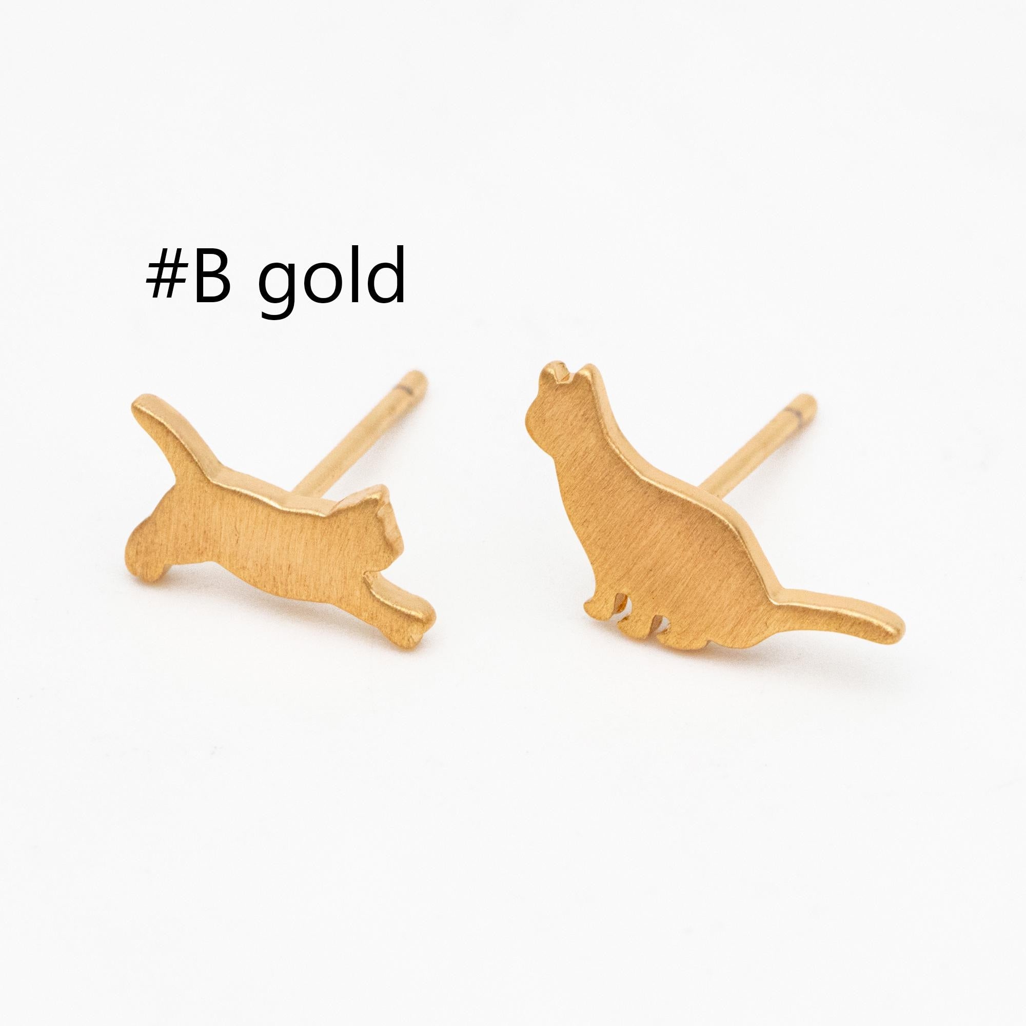 10pcs Gold/ Silver Cat Asymmetry Earrings, Gold/ Rhodium Plated Brass Minimalist Stud Earrings (GB-4094)